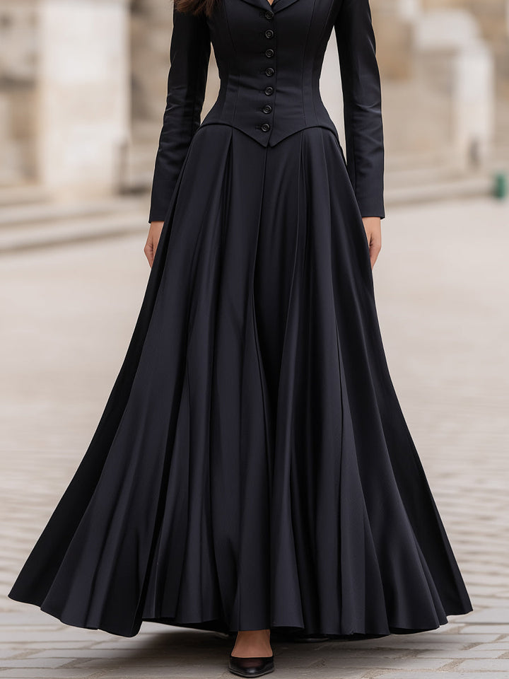 Morgan & Brooke | Black Tailored-Waist Long-Sleeve Crepe Maxi Dress