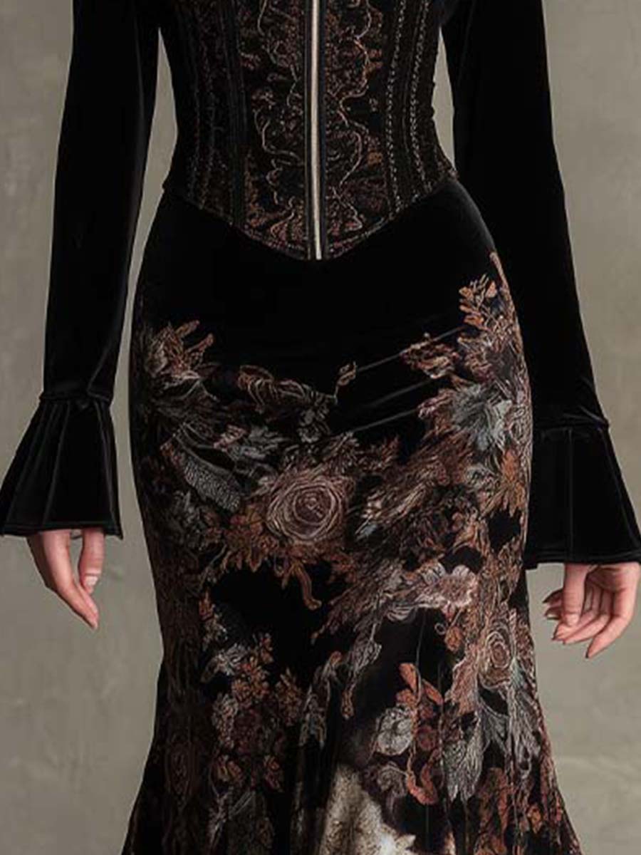 Morgan & Brooke | Baroque Floral Corset-Waist Velvet Maxi Dress