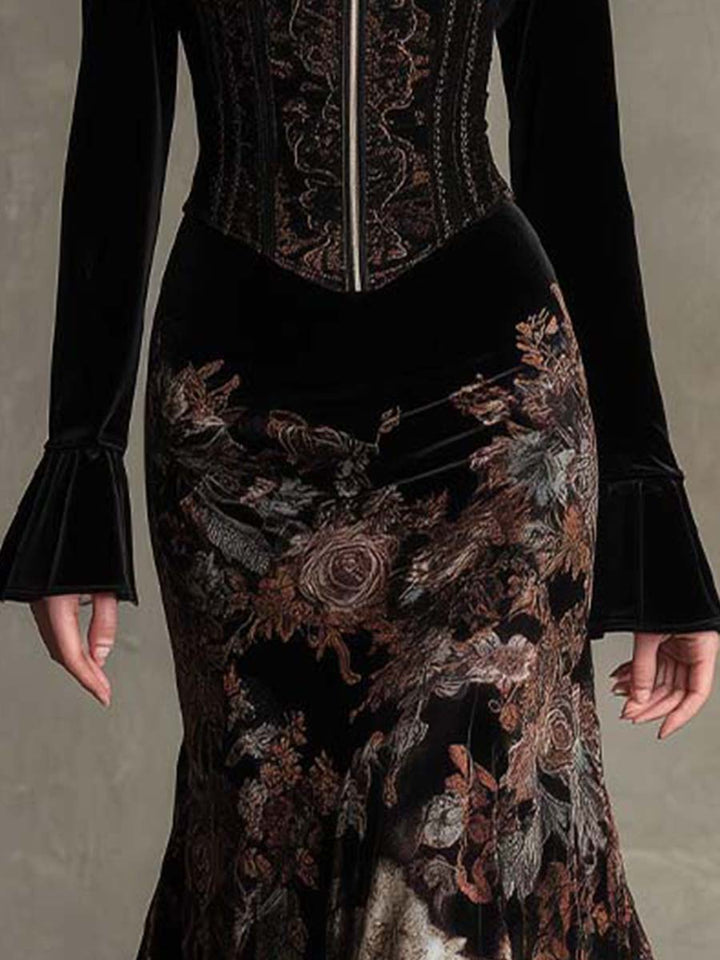 Morgan & Brooke | Baroque Floral Corset-Waist Velvet Maxi Dress