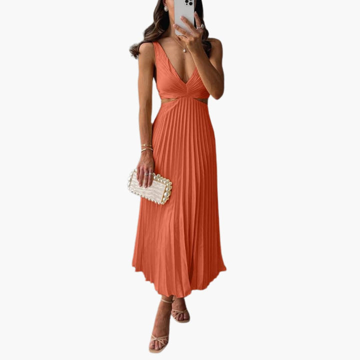 Morgan & Brooke | Ivory Pleated Neckline A-Line Crepe Dress