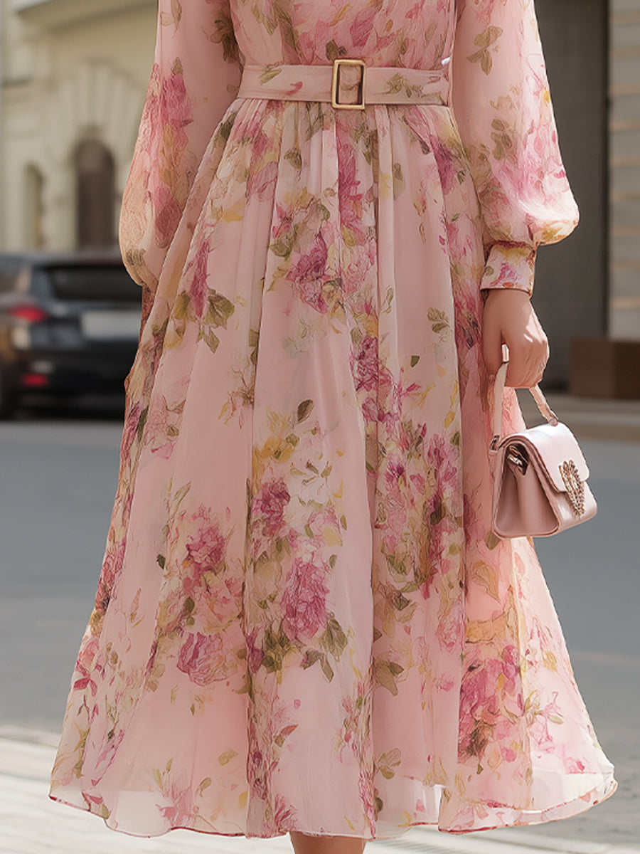 Morgan & Brooke | Blush Floral-Print Midi Chiffon Dress
