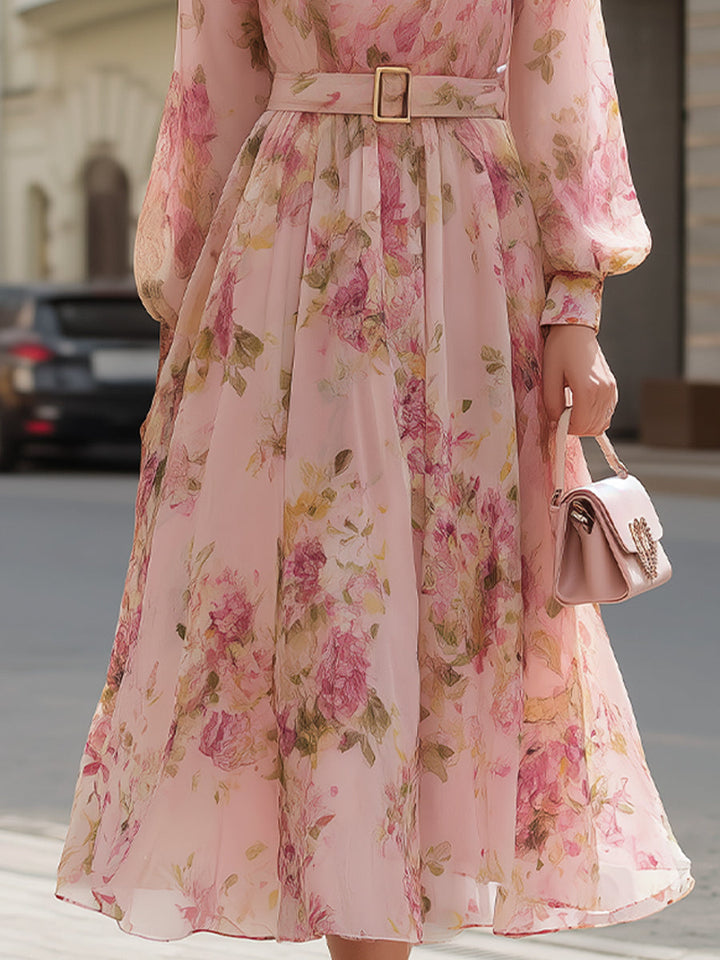 Morgan & Brooke | Blush Floral-Print Midi Chiffon Dress