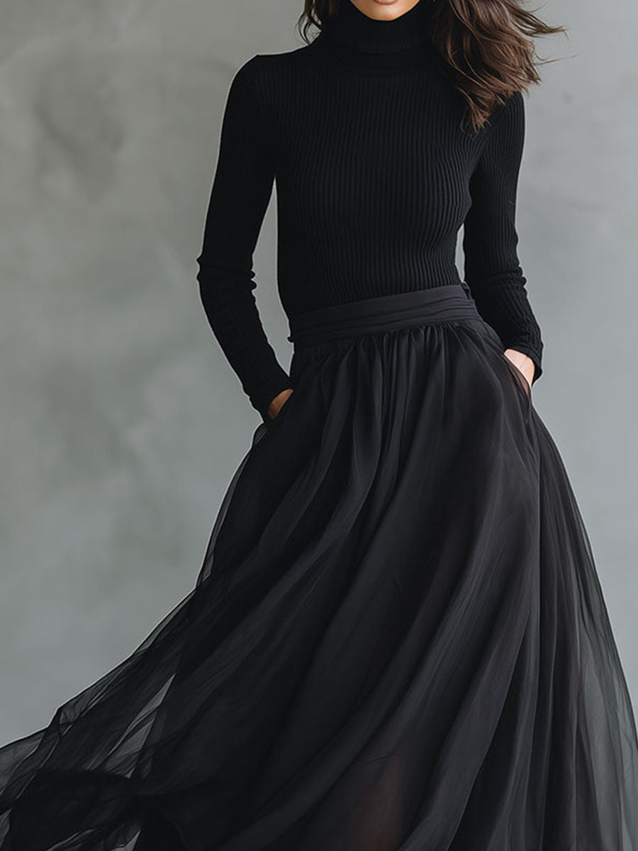 Morgan & Brooke | Black Fitted Turtleneck Patchwork Tulle Dress