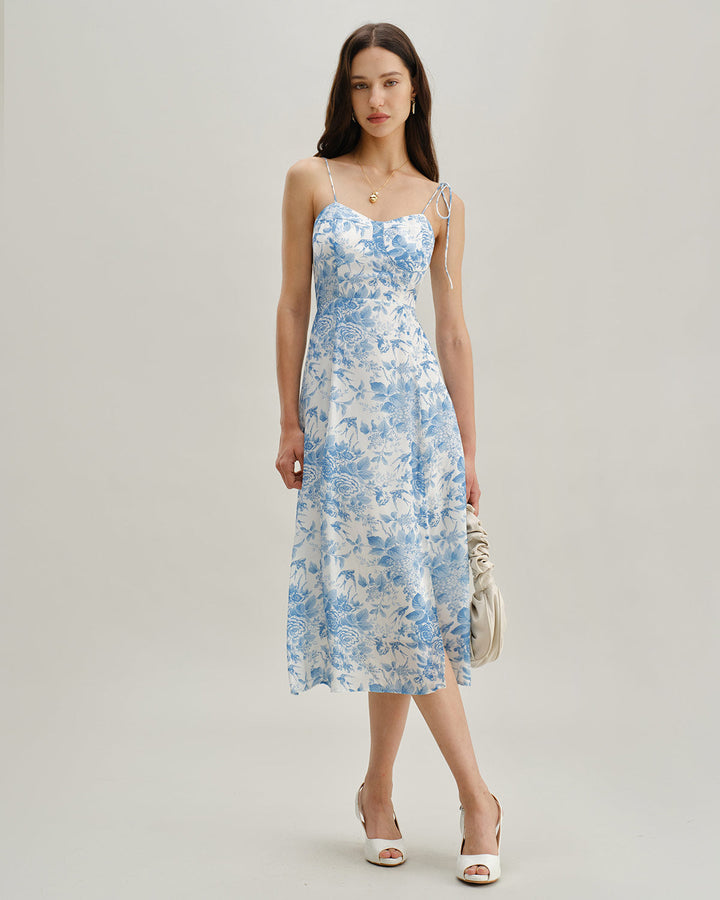 Morgan and Brooke | Blue Sweetheart Neck Shirred Midi Dress