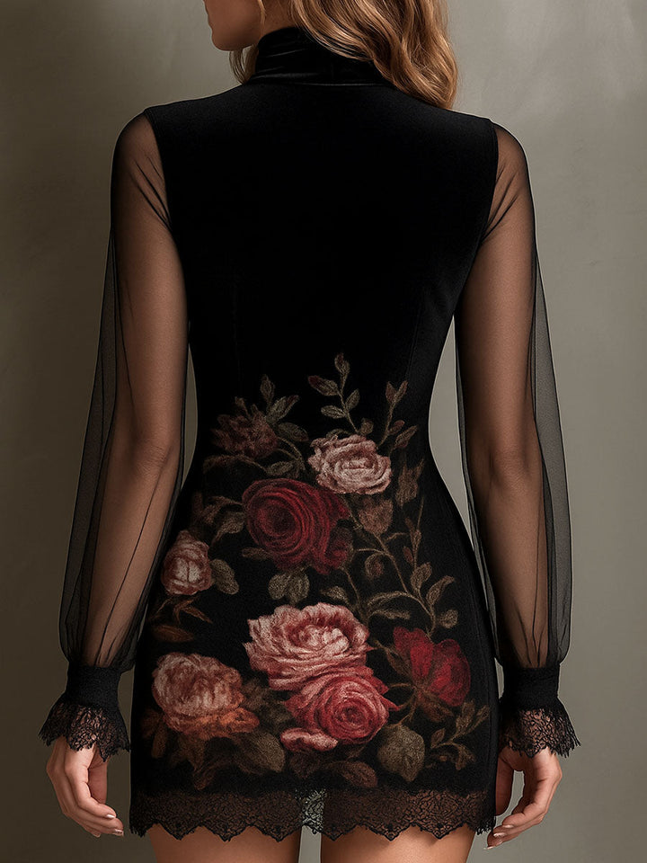 Morgan & Brooke | Velvet Rose Print Sheer Patchwork Dress