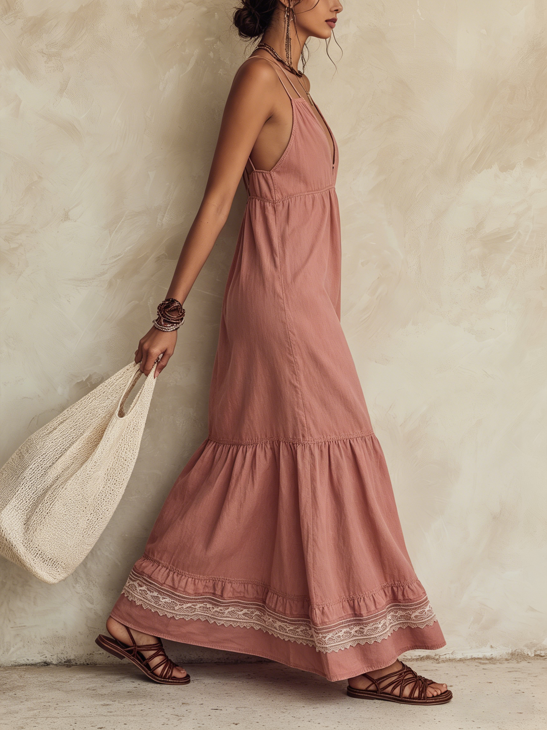 Morgan & Brooke | Lace-Trimmed Adjustable Double-Strap Linen-Blend Maxi Dress