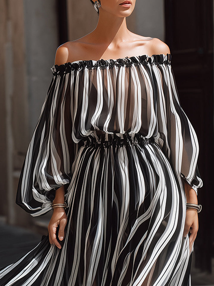 Morgan & Brooke | Off-the-Shoulder Vertical Stripe Chiffon Dress