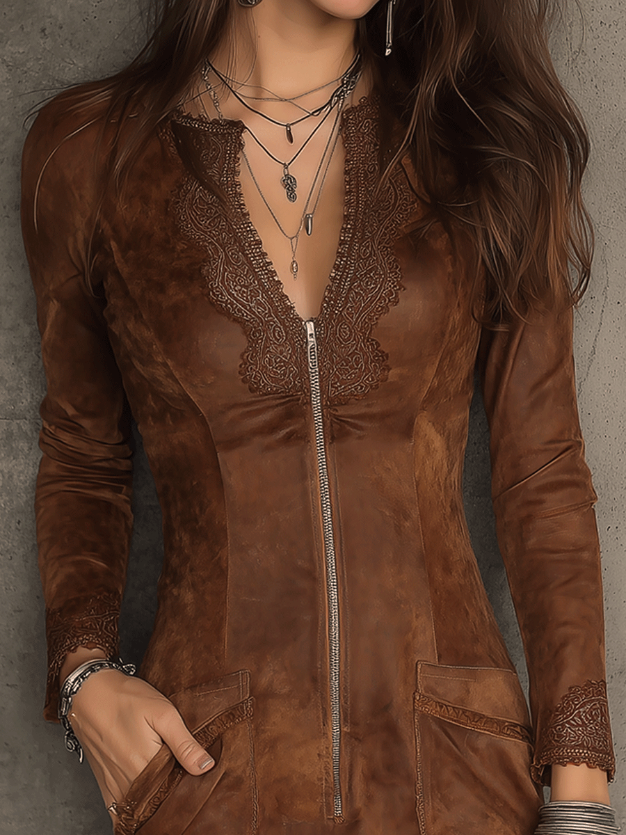 Morgan & Brooke | Vintage Caramel Brown Lace Trim Dress