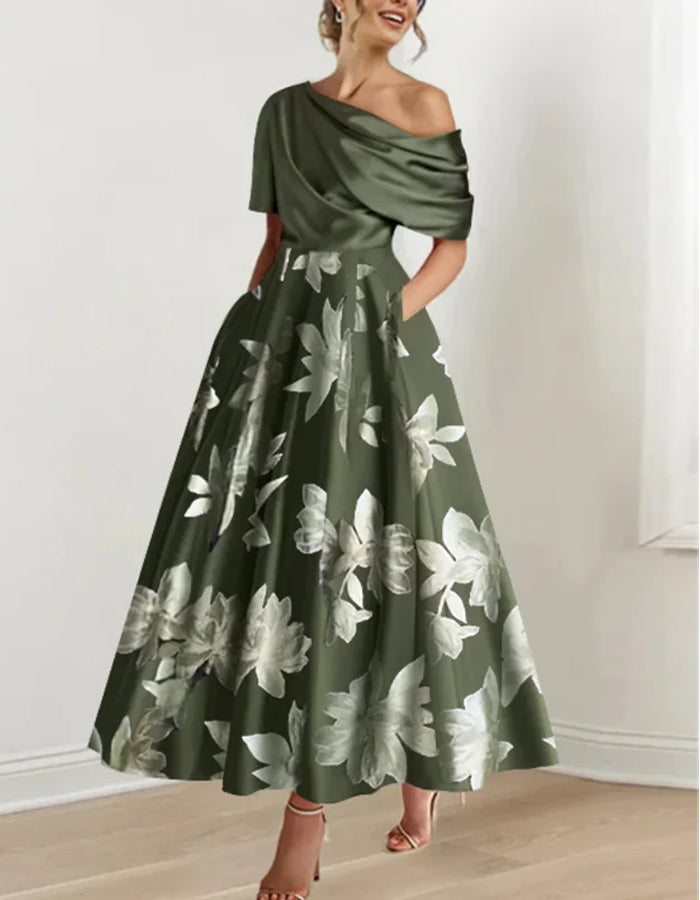 Morgan & Brooke | White Satin Off-Shoulder Bodycon Printed Dress