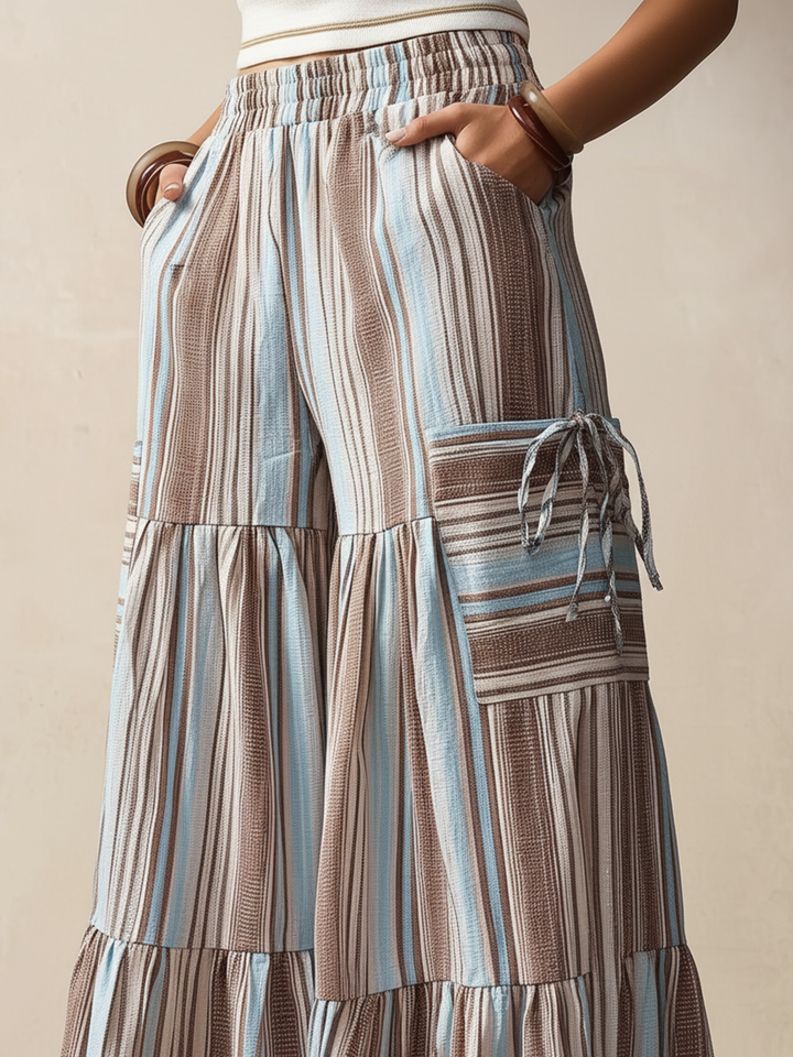 Morgan & Brooke | Striped Tiered Wide-Leg Cotton Pants
