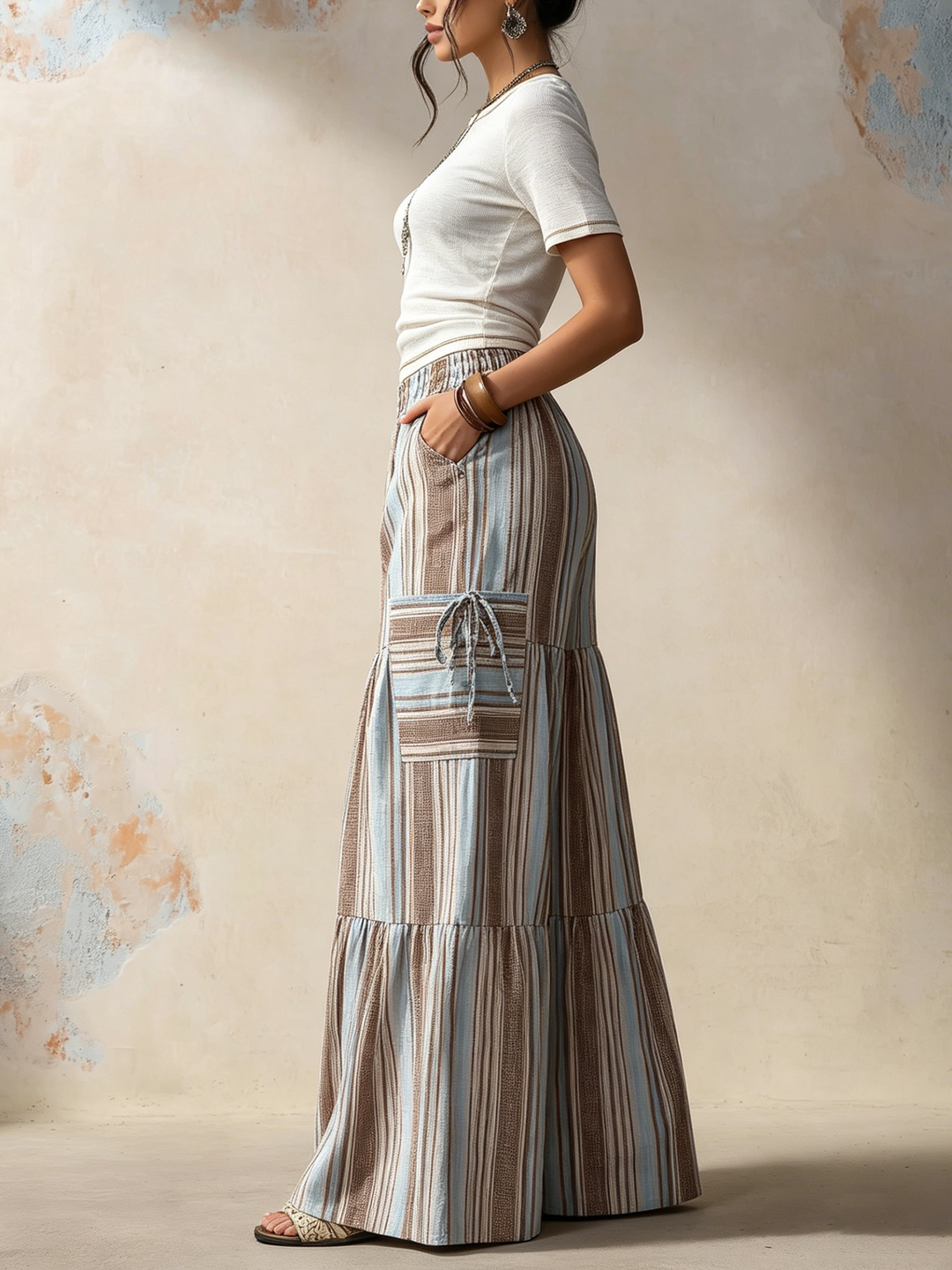 Morgan & Brooke | Striped Tiered Wide-Leg Cotton Pants