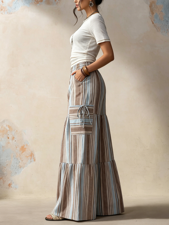 Morgan & Brooke | Striped Tiered Wide-Leg Cotton Pants