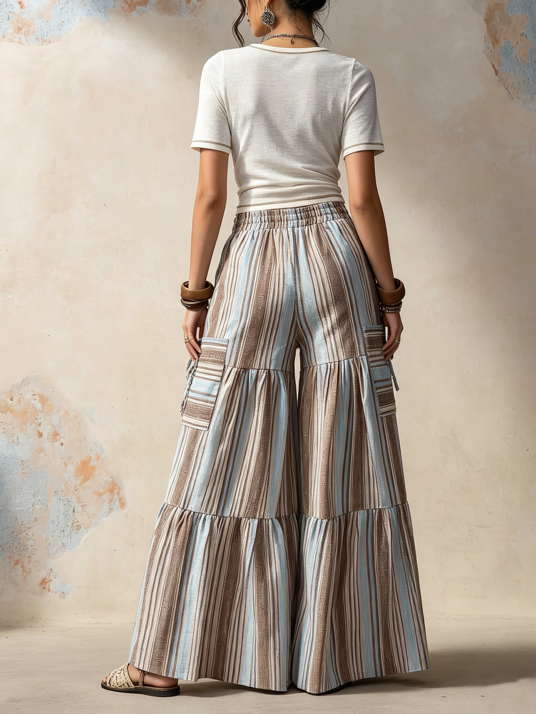 Morgan & Brooke | Striped Tiered Wide-Leg Cotton Pants