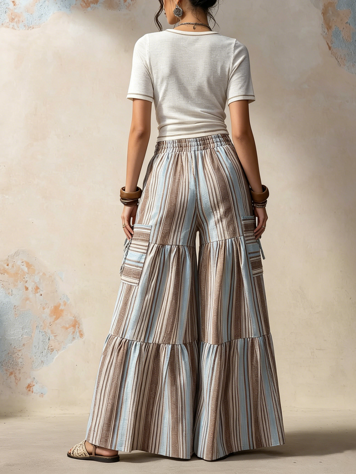 Morgan & Brooke | Striped Tiered Wide-Leg Cotton Pants