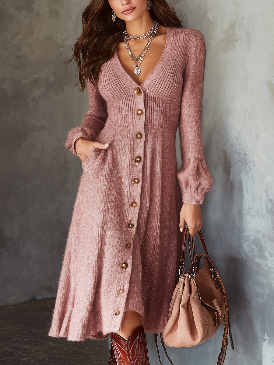 Morgan & Brooke | Charcoal V-Neck Buttoned Pockets Mohair Knit Midi Dress