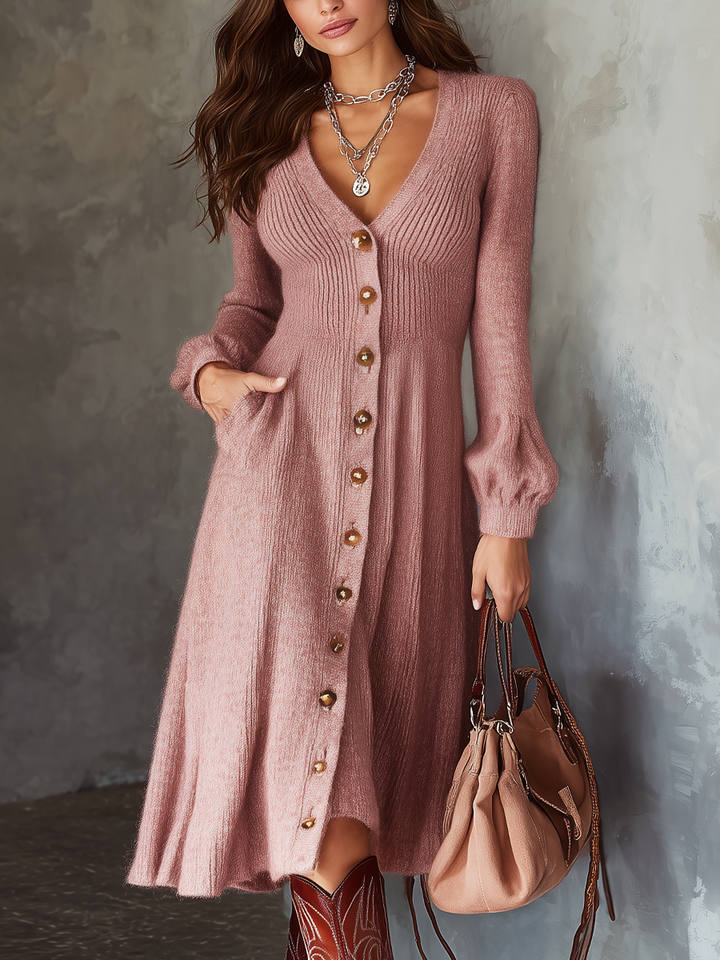 Morgan & Brooke | Charcoal V-Neck Buttoned Pockets Mohair Knit Midi Dress