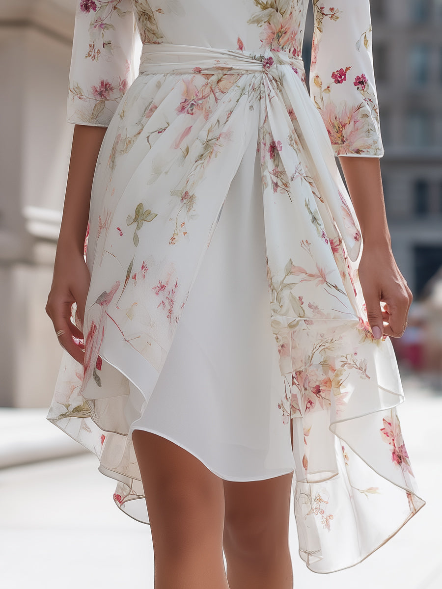 Morgan & Brooke | Floral Asymmetrical-Hem Waist-Tie Chiffon Midi Dress