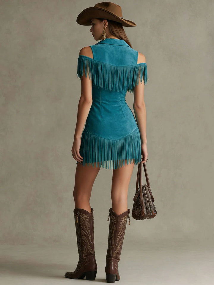 Morgan & Brooke | Peacock Blue Faux Suede Tassel Dress