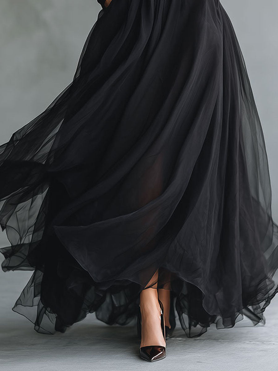 Morgan & Brooke | Black Fitted Turtleneck Patchwork Tulle Dress