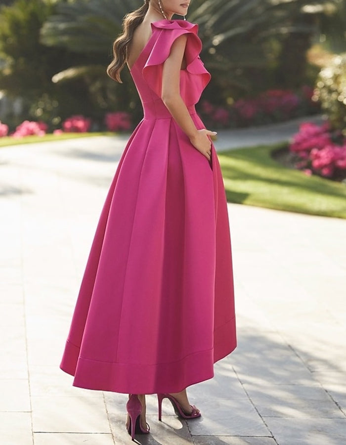 Morgan & Brooke | One-Shoulder A-Line Ruffle Sleeveless Dress