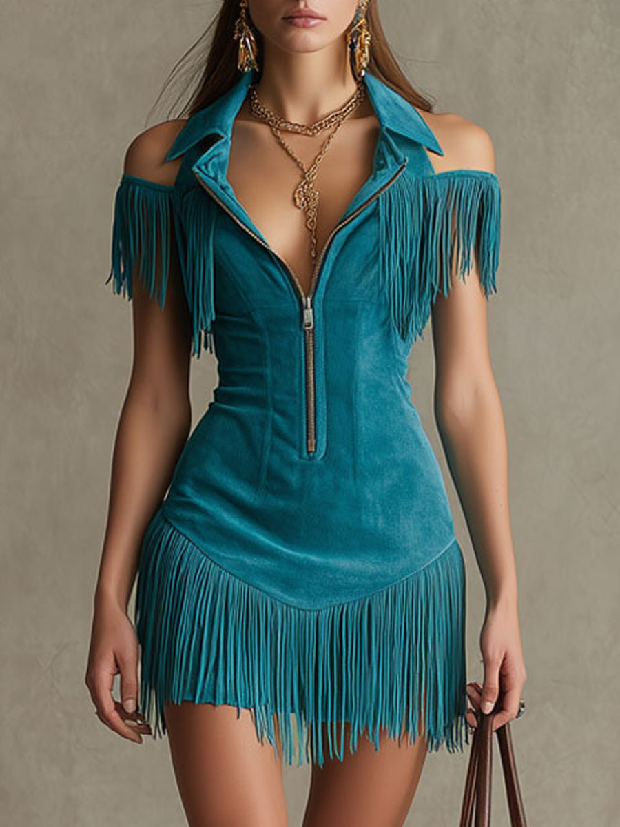 Morgan & Brooke | Peacock Blue Faux Suede Tassel Dress