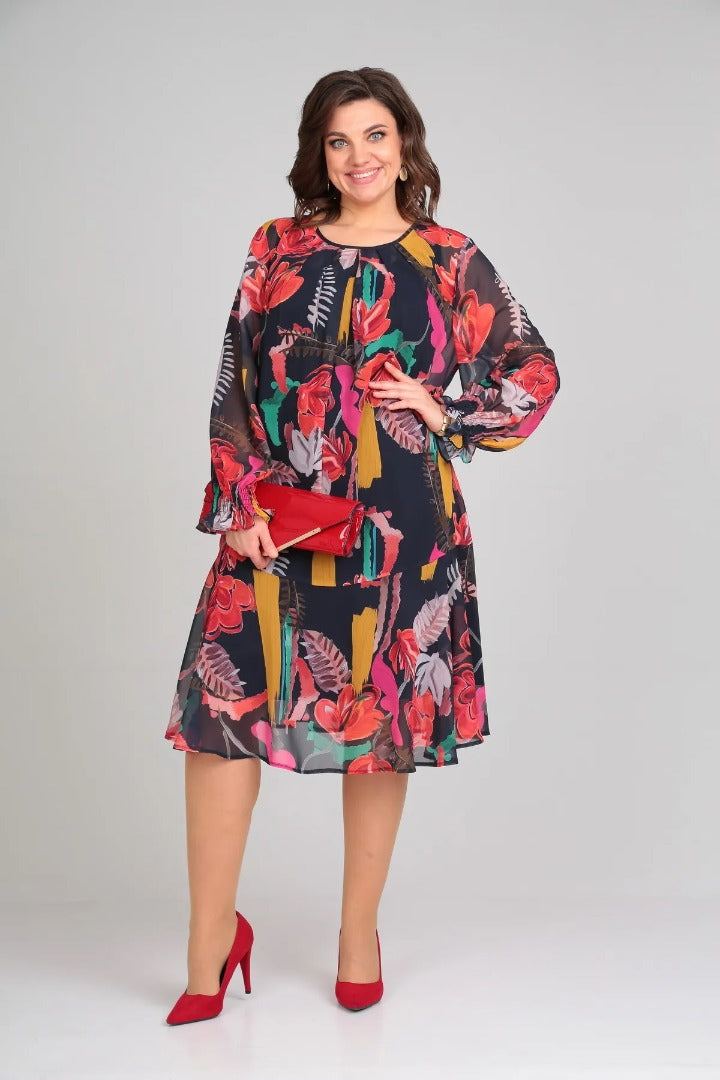 Morgan & Brooke | Multi-Color Floral Print Midi Lightweight Fabric Dress