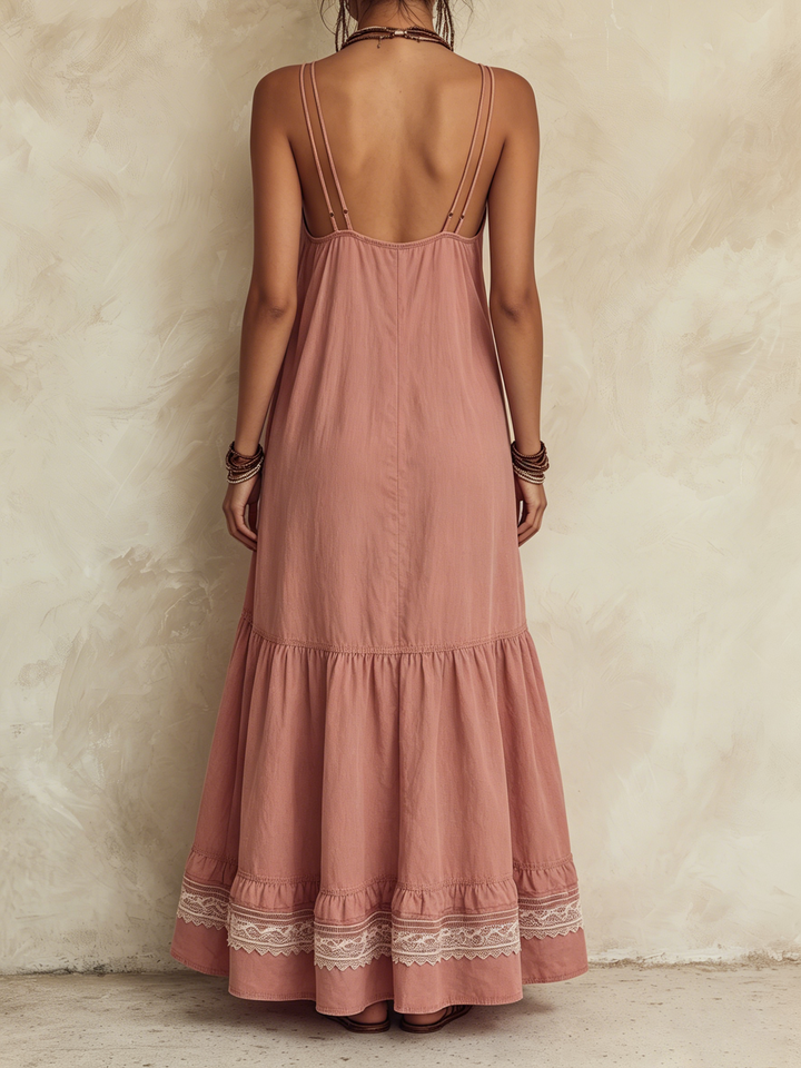 Morgan & Brooke | Lace-Trimmed Adjustable Double-Strap Linen-Blend Maxi Dress