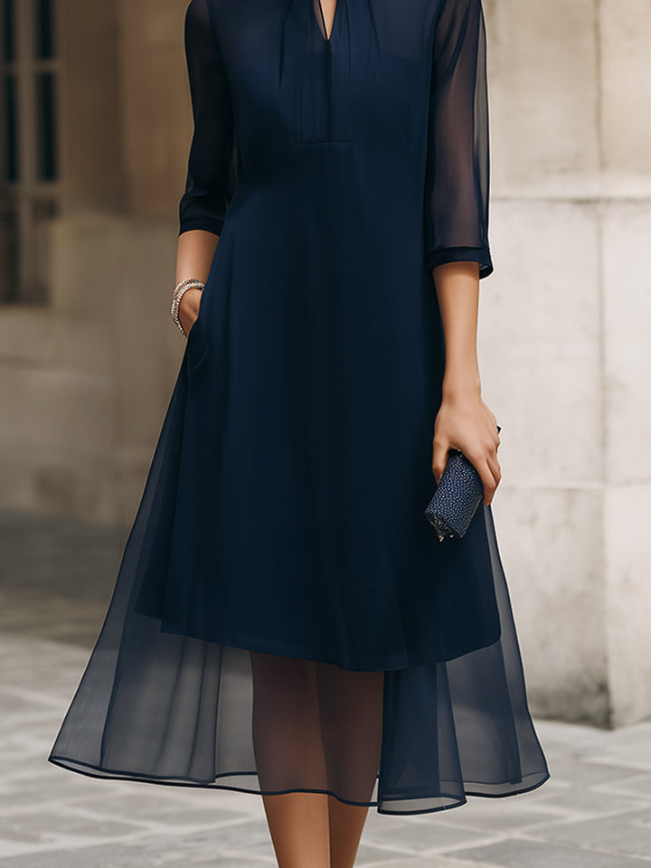 Morgan & Brooke | Black Mandarin Collar Sheer-Overlay Chiffon Midi Dress