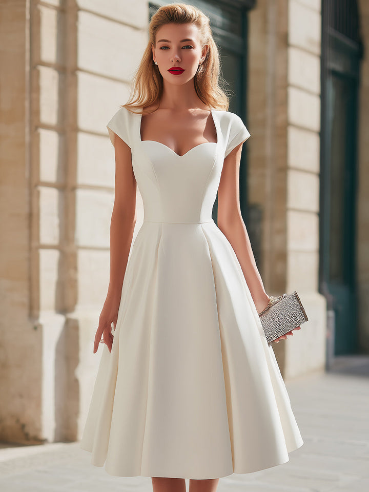 Morgan & Brooke | Ivory Sweetheart Neckline Cap-Sleeve Satin Midi Dress