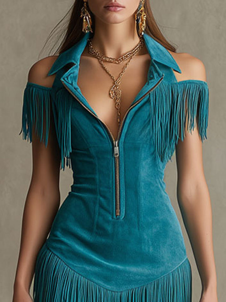 Morgan & Brooke | Peacock Blue Faux Suede Tassel Dress