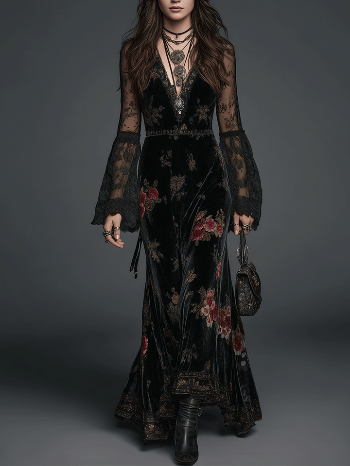 Morgan & Brooke | Black Floral Lace-Sleeved Velvet Maxi Dress