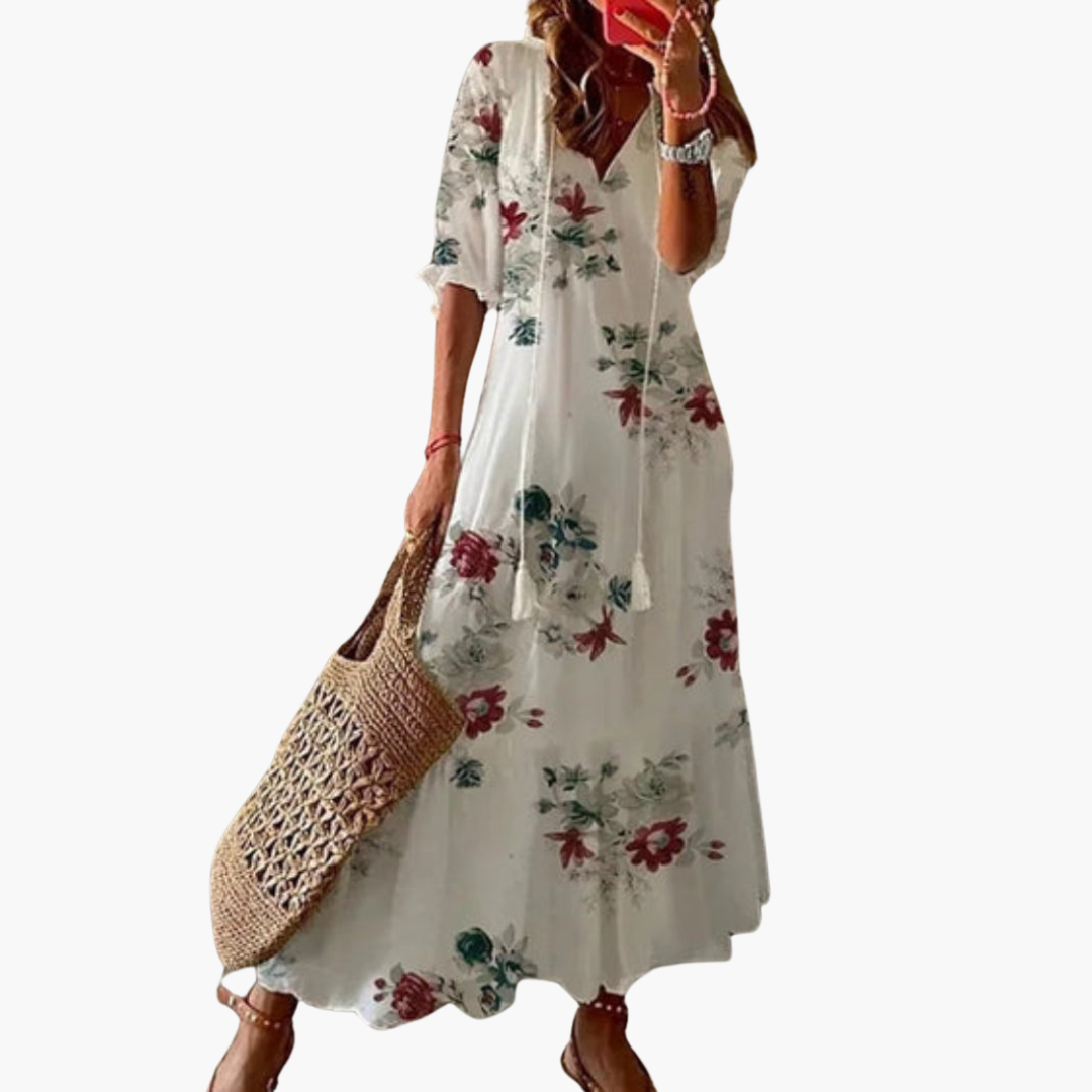 Morgan & Brooke | Neutral V-Neck Flowy Dress
