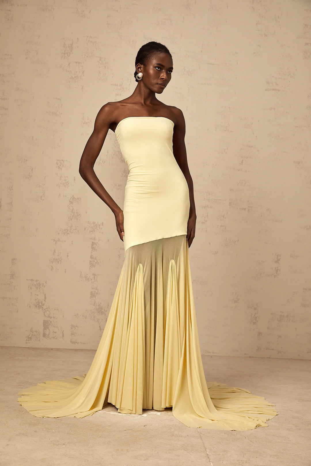Morgan & Brooke | Yellow Off-Shoulder Sheer Tulle Maxi Dress