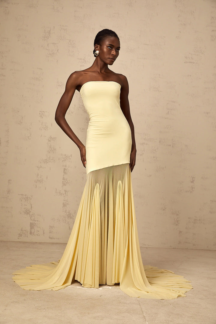 Morgan & Brooke | Yellow Off-Shoulder Sheer Tulle Maxi Dress