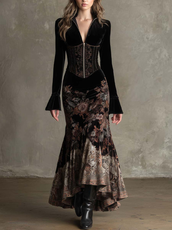 Morgan & Brooke | Baroque Floral Corset-Waist Velvet Maxi Dress