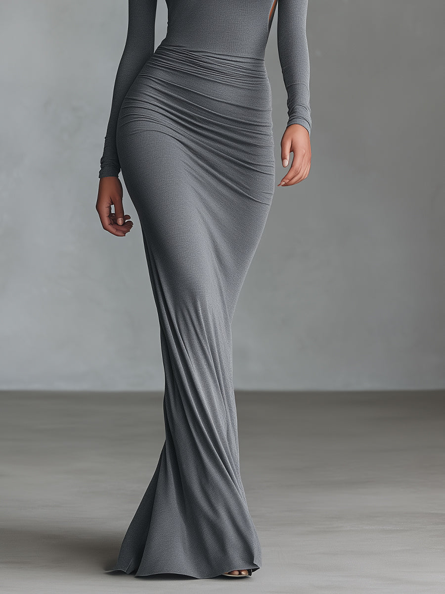 Morgan & Brooke | Grey Knit Ruched Evening Dress