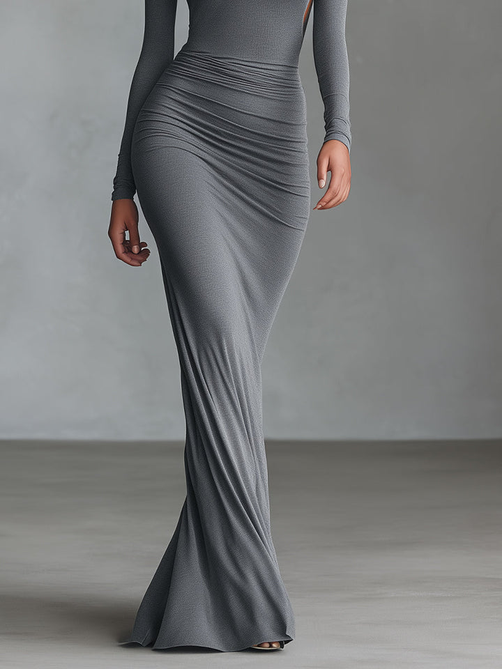 Morgan & Brooke | Grey Knit Ruched Evening Dress