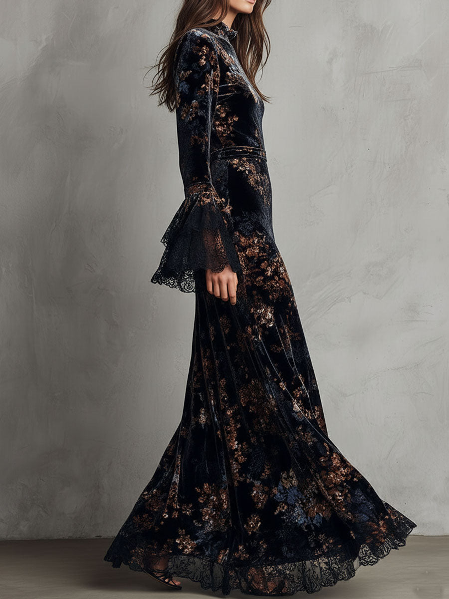 Morgan & Brooke | Velvet Floral Midnight Evening Dress