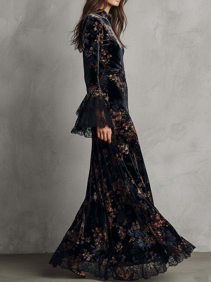 Morgan & Brooke | Velvet Floral Midnight Evening Dress