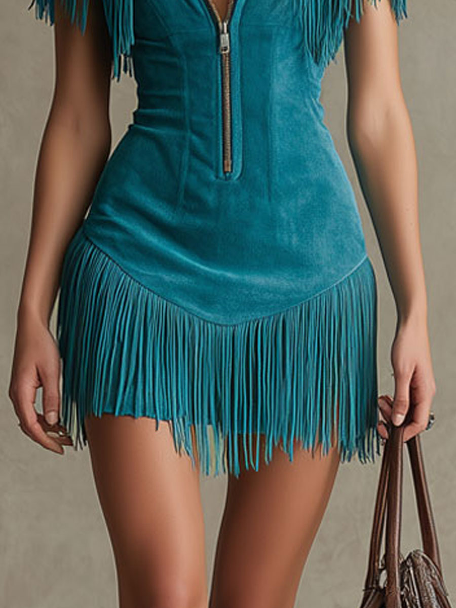 Morgan & Brooke | Peacock Blue Faux Suede Tassel Dress