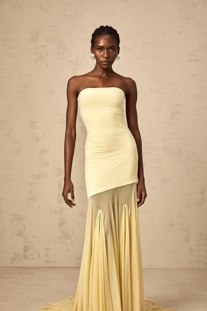 Morgan & Brooke | Yellow Off-Shoulder Sheer Tulle Maxi Dress