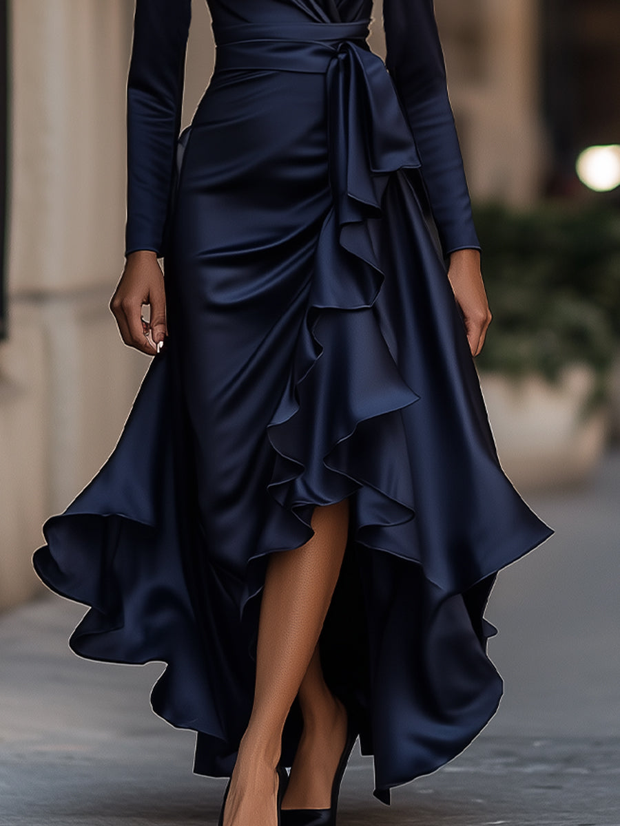 Morgan & Brooke | Midnight Blue Draped Ruffle-Trim Satin Maxi Dress