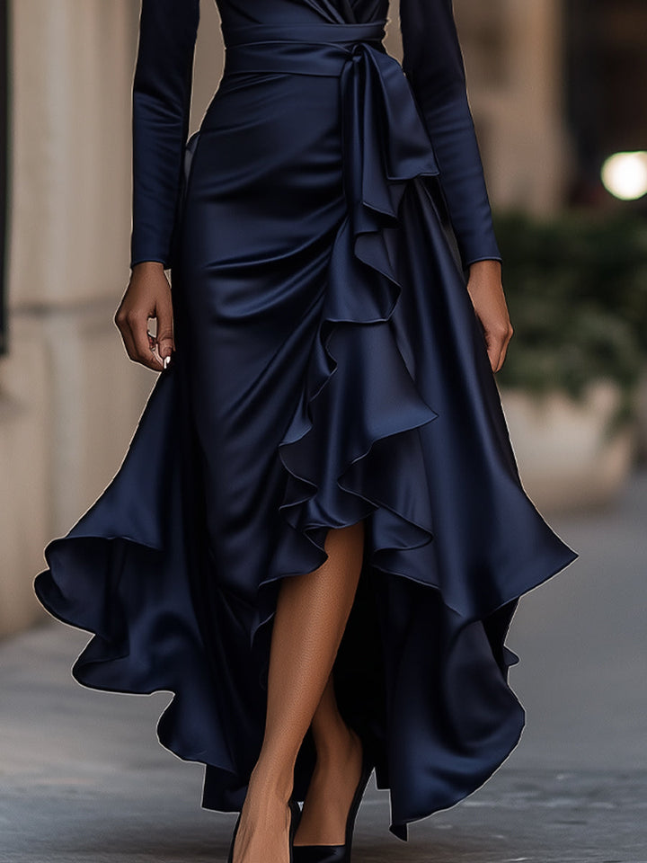 Morgan & Brooke | Midnight Blue Draped Ruffle-Trim Satin Maxi Dress