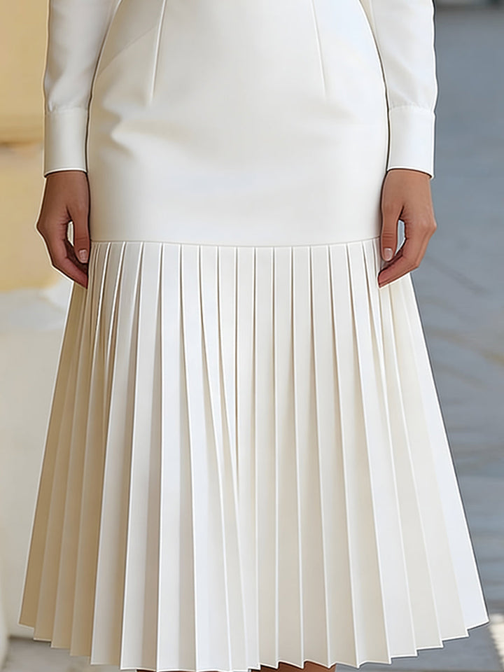 Morgan & Brooke | Black Belted Pleated Polyester Midi Dress