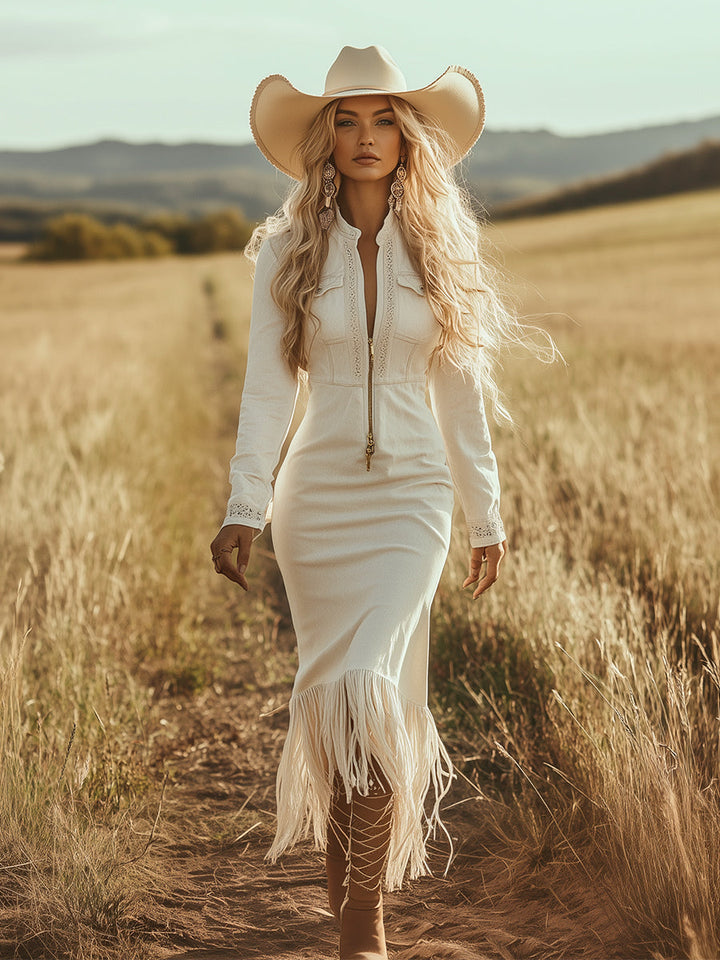 Morgan & Brooke | White Denim Tassel Casual Dress