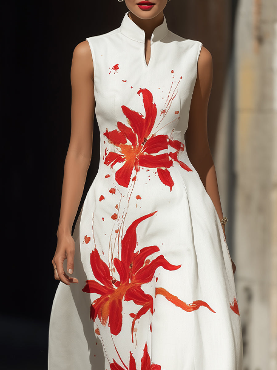 Morgan & Brooke | Red Mandarin-Collar Floral Maxi Dress