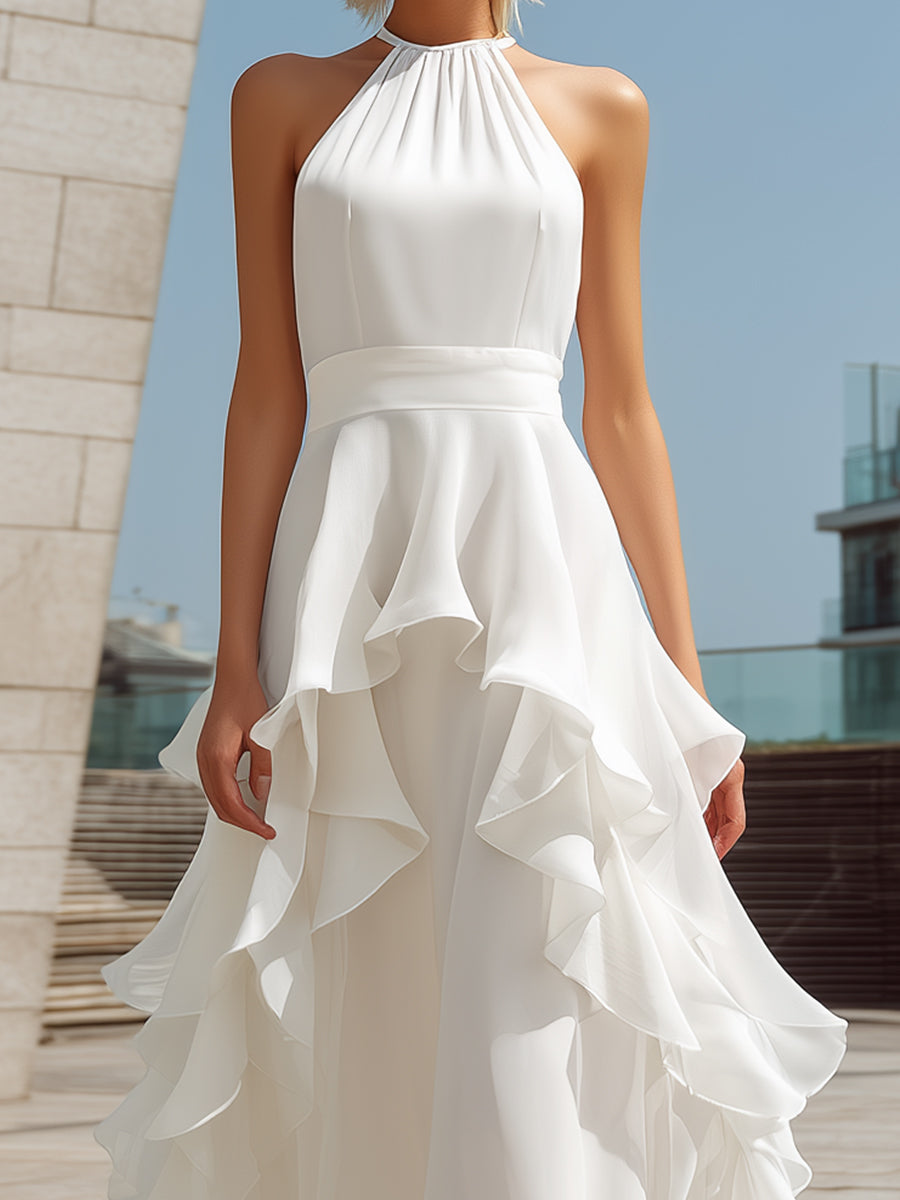 Morgan & Brooke | White Halter-Neck Layered Ruffle Chiffon Maxi Dress