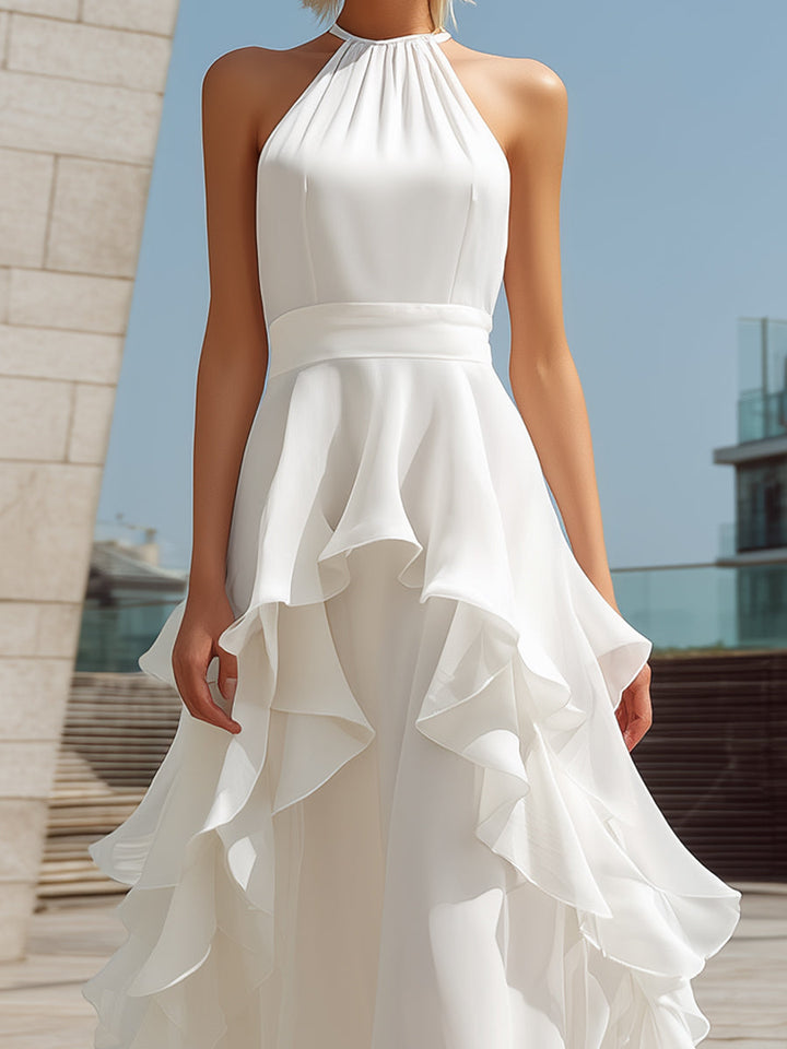 Morgan & Brooke | White Halter-Neck Layered Ruffle Chiffon Maxi Dress