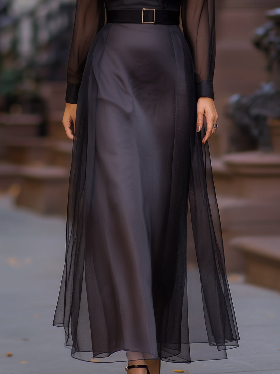 Morgan & Brooke | Sheer-Overlay Maxi Mesh Shirt Dress