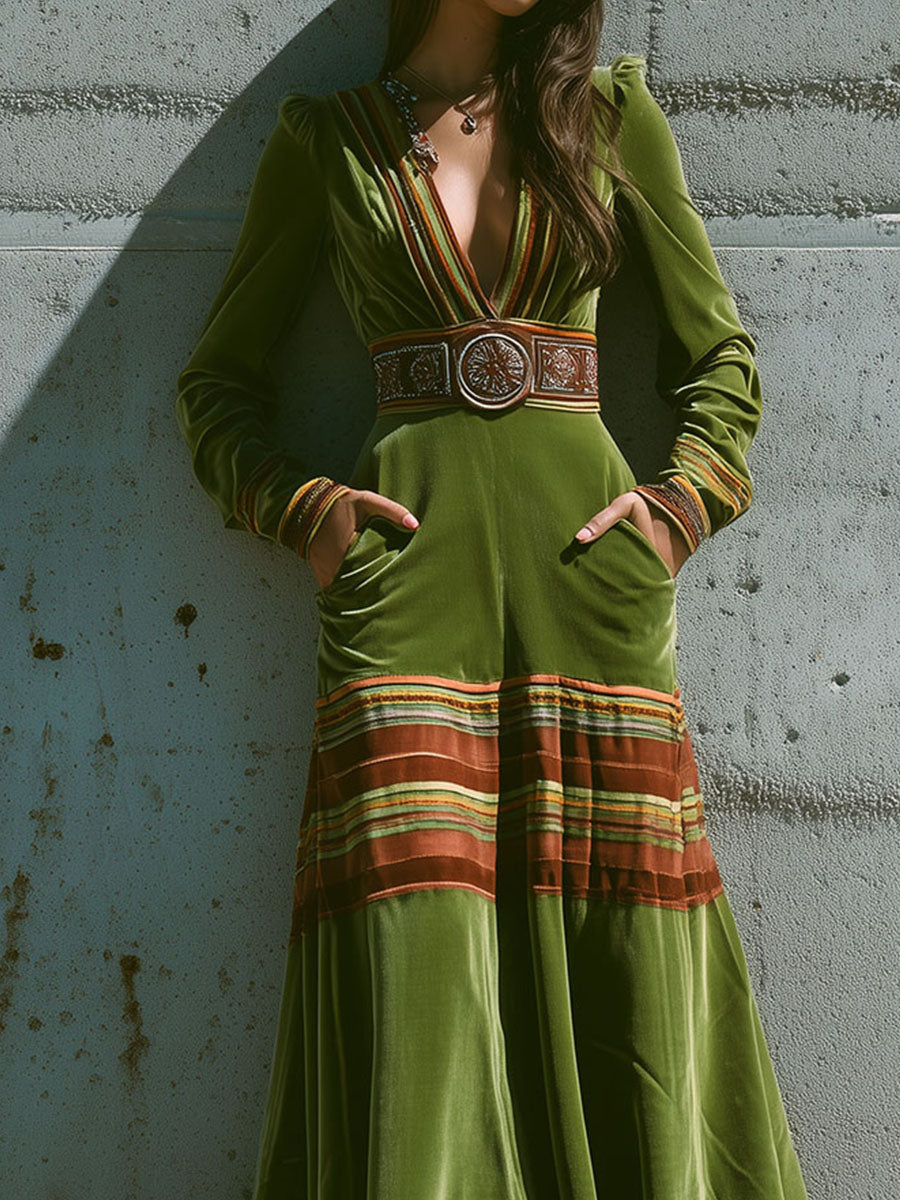 Morgan & Brooke | Olive Green Striped Hem Maxi Velvet Dress